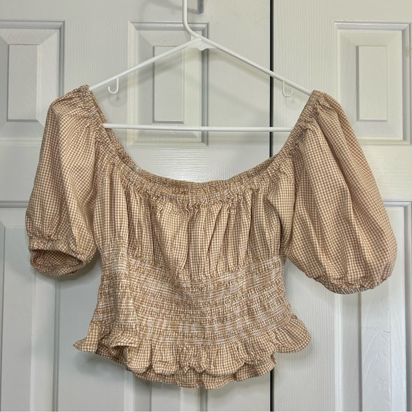 Japna Tan Check Puff Sleeve Elastic Waist Praire Cottagecore Off Shoulder Top L - Picture 5 of 14